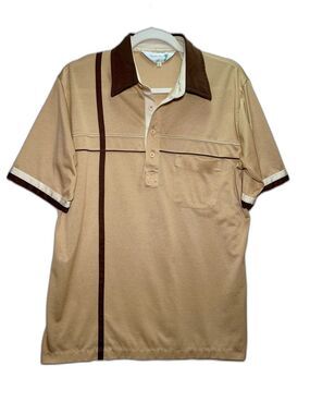 Vintage Royal Air Men's Knit Polo Shirt Size Large Brown Tan 70s 80s Mod Style